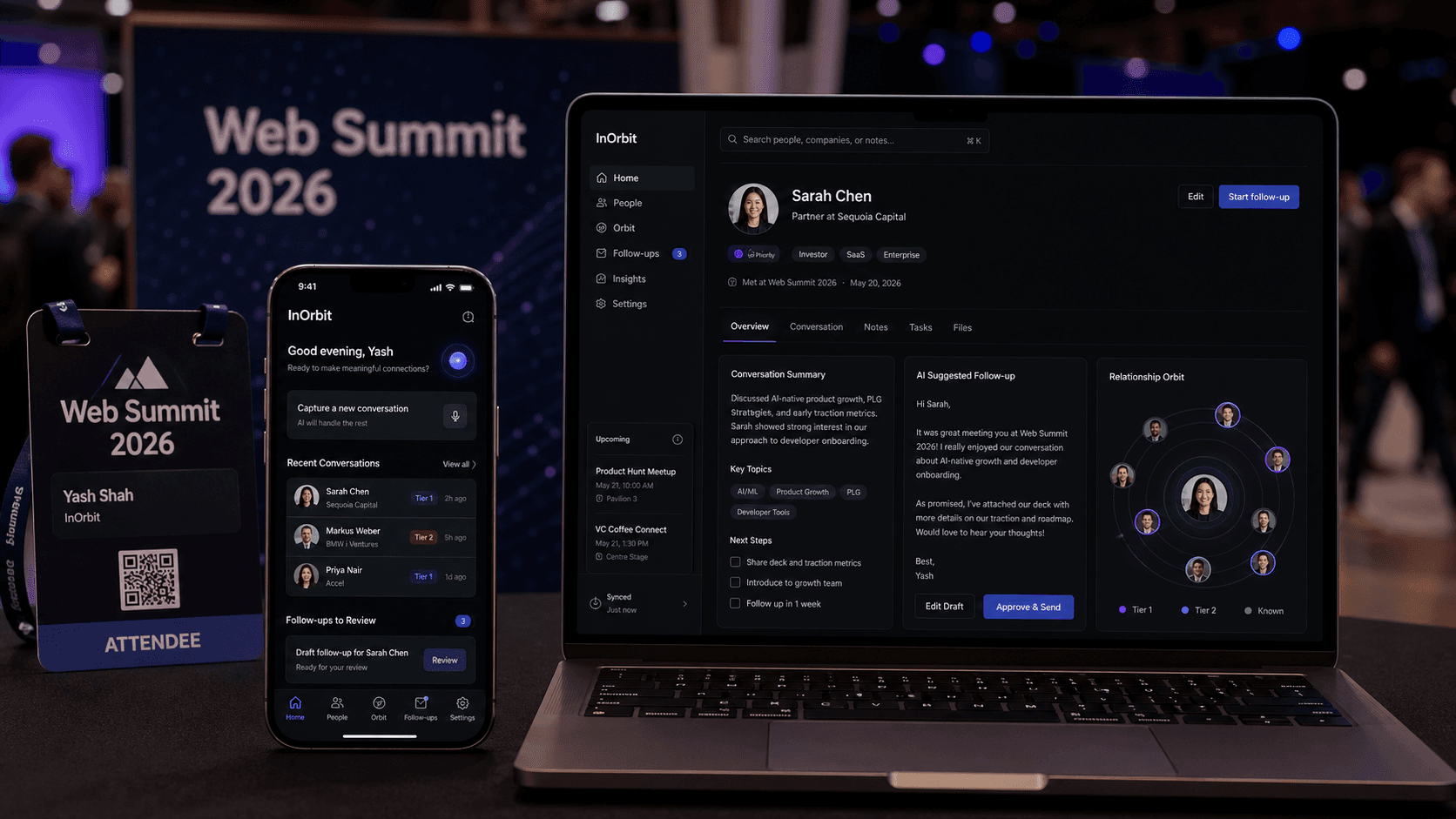 InOrbit product shown on a laptop and phone with contacts, follow-up drafts, and a relationship graph